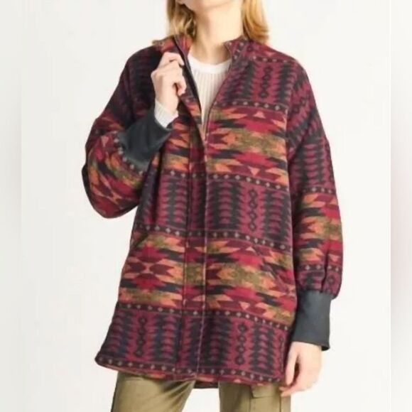 Steve Madden Women's Red Multicolor Aztec Print Cabin Fever Wool Blend Jacket M - Picture 1 of 16